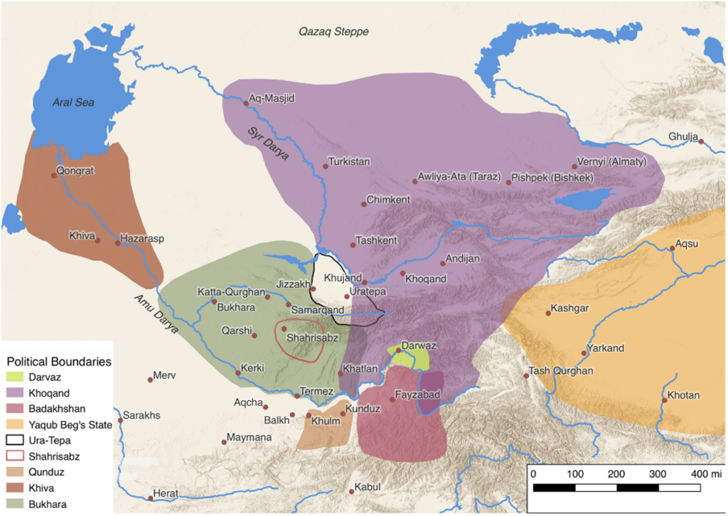 Color-coded map of 19th-century Central Asia, drawn by James Pickett